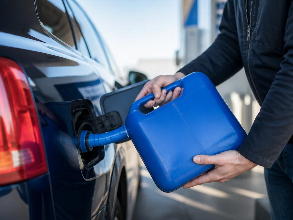 Blå AdBlue-dunk bredvid en påfyllningspip på en dieselbils tank