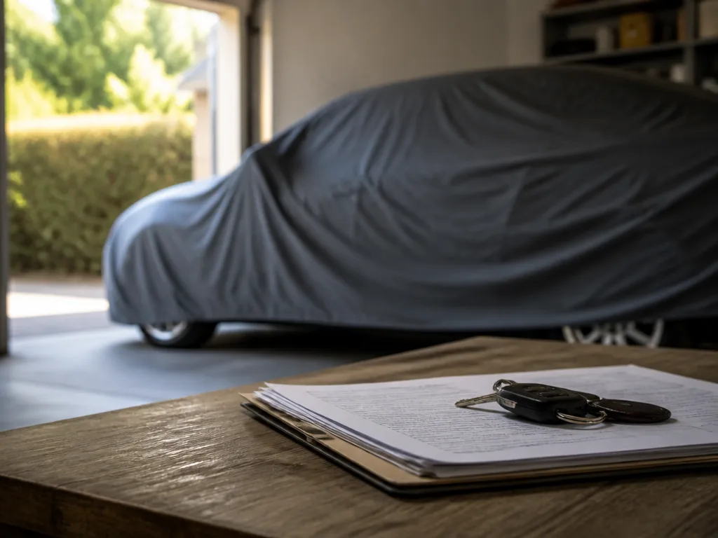 Bil med skyddande bilöverdrag i ett garage bredvid registreringsbevis och nycklar