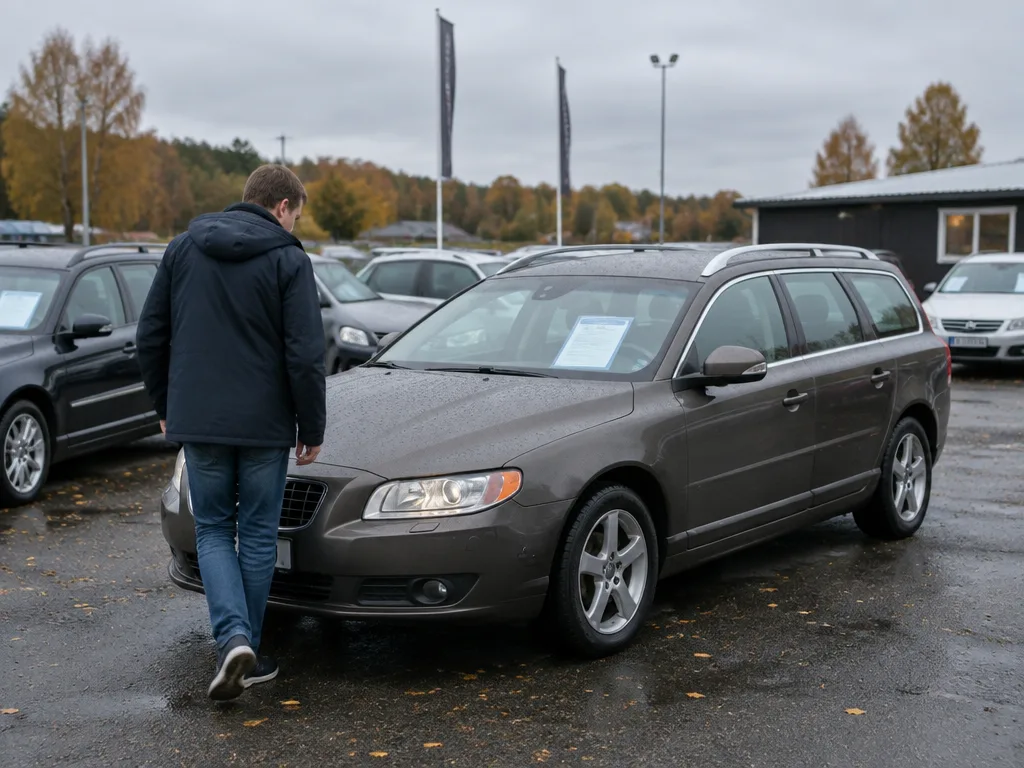 Person som går runt en begagnad kombi med prislapp i vindrutan på en bilhandlares parkering en mulen höstdag