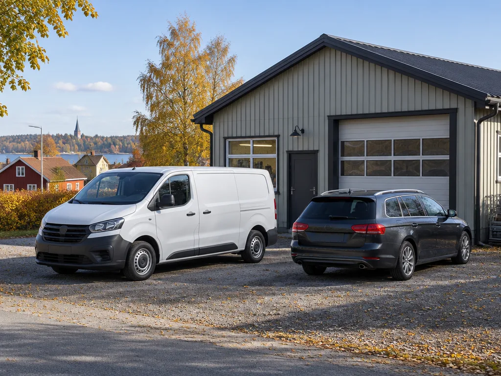 Vit skåpbil parkerad utanför entrén till ett litet företag