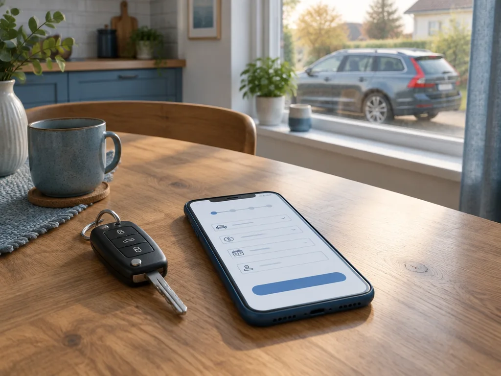 Bilnyckel och mobil med låneansökan på ett köksbord