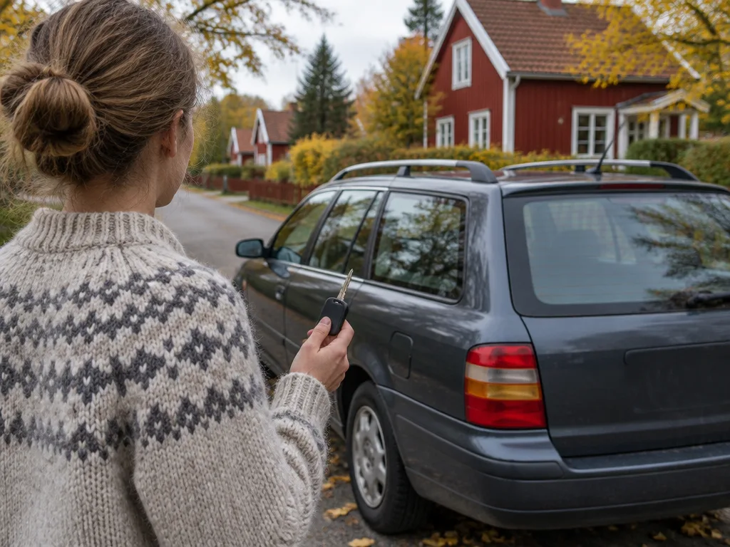 Person med bilnyckel bredvid en begagnad kombi på en villagata en höstdag