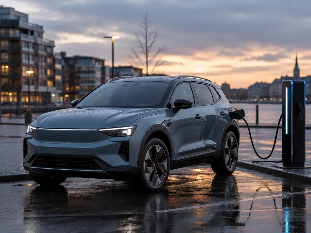 Mörkblå elektrisk suv som laddas vid en laddstolpe i en svensk stad i skymningen