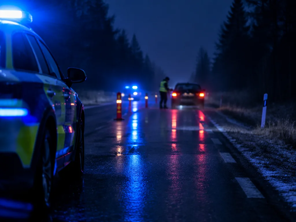 Trafikkontroll på en mörk landsväg med blåljus som speglas i den våta asfalten