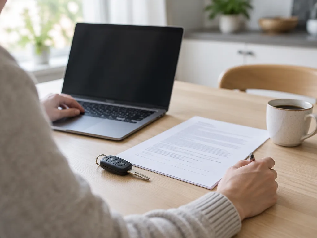 Person vid ett köksbord med en laptop, en bilnyckel och ett utskrivet låneavtal framför sig