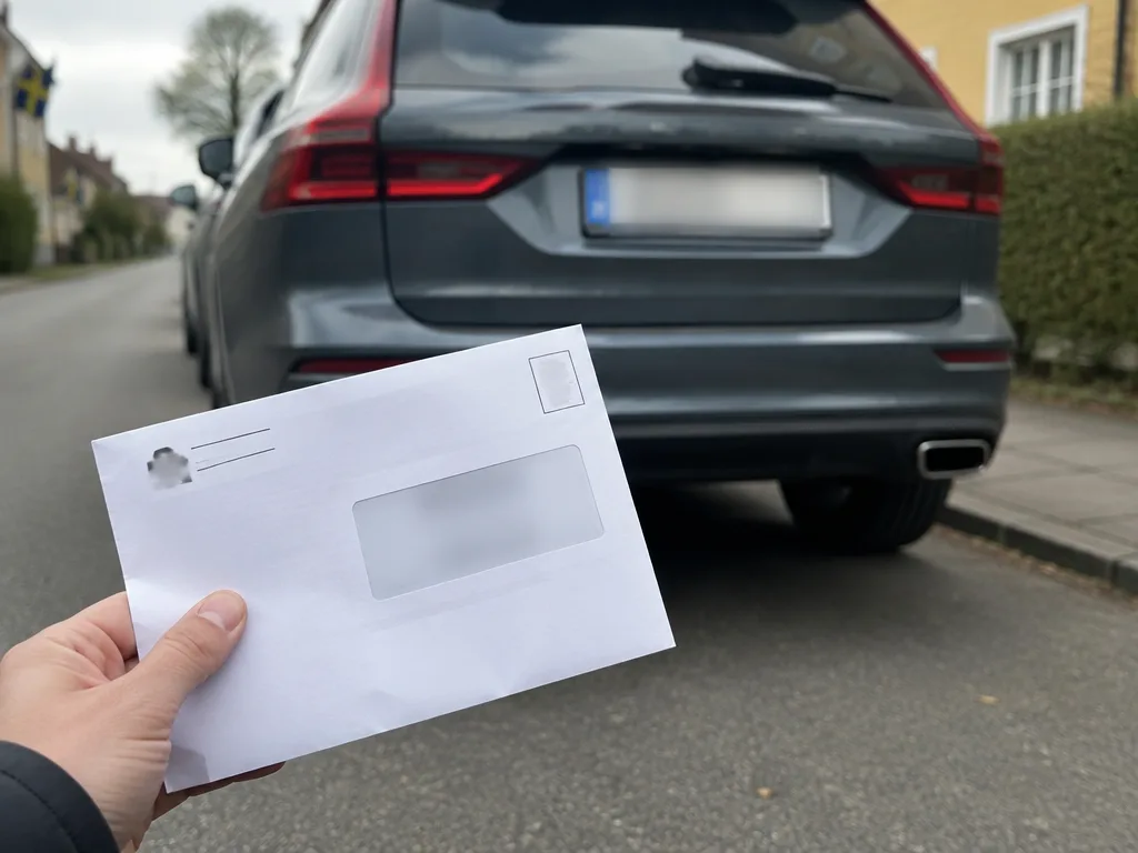 Hand som håller ett kuvert framför bakänden på en parkerad bil på en villagata