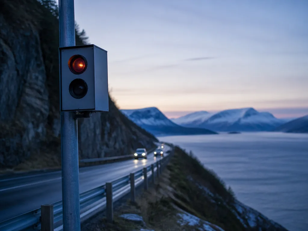 Fartkamera vid en norsk motorväg i skymning med bergslandskap i bakgrunden