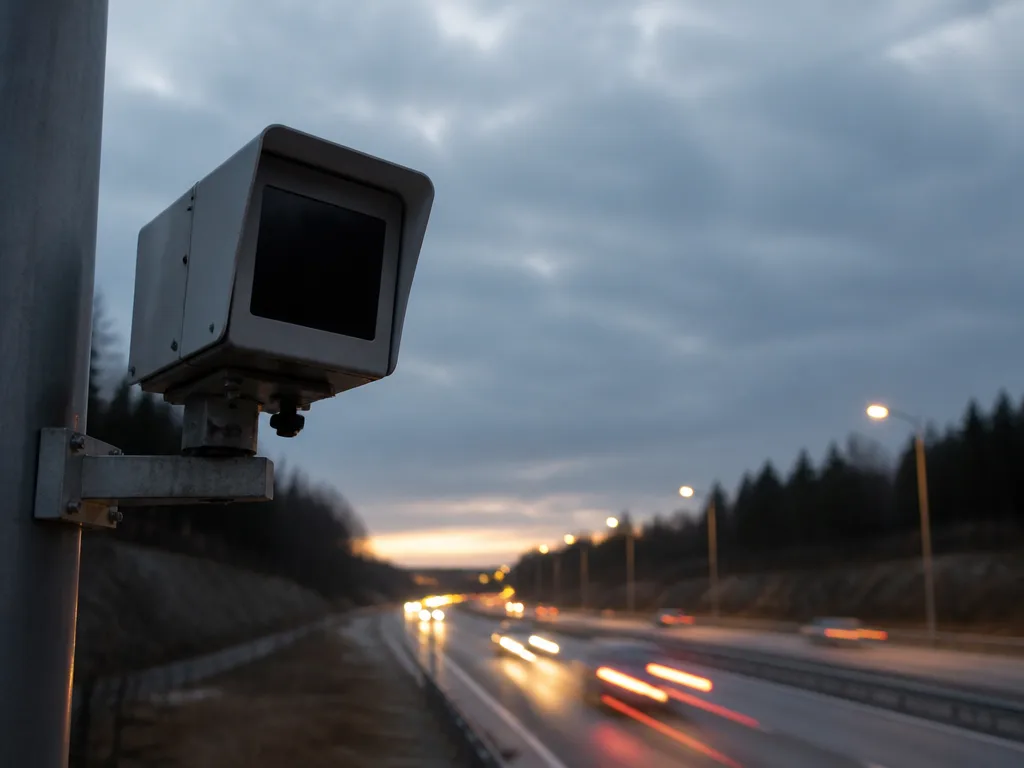 Fartkamera på stolpe längs en svensk motorväg i skymning med förbipasserande billjus