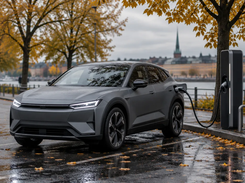 Grå elektrisk crossover laddas vid en snabbladdare längs en kaj i en svensk stad en regnig höstdag med gula löv på marken