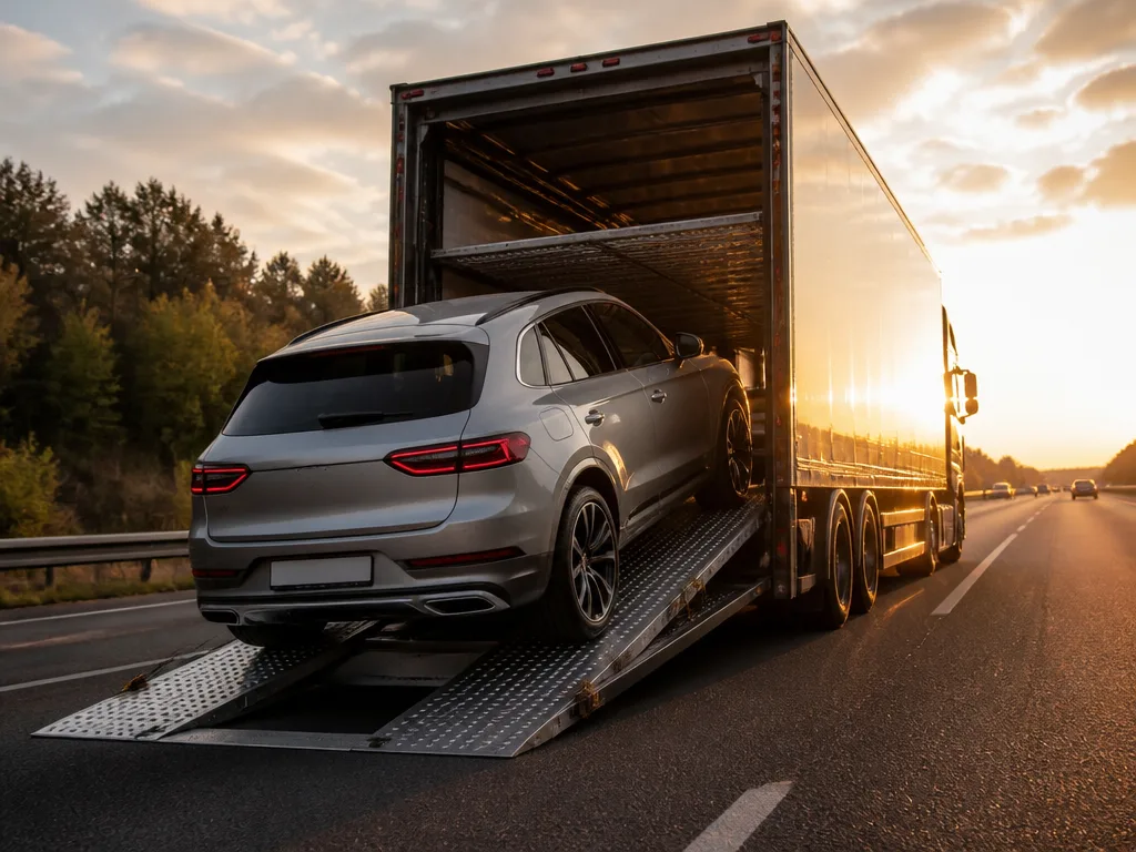 Bil på biltransportsläp på en motorväg i Tyskland på väg mot Sverige
