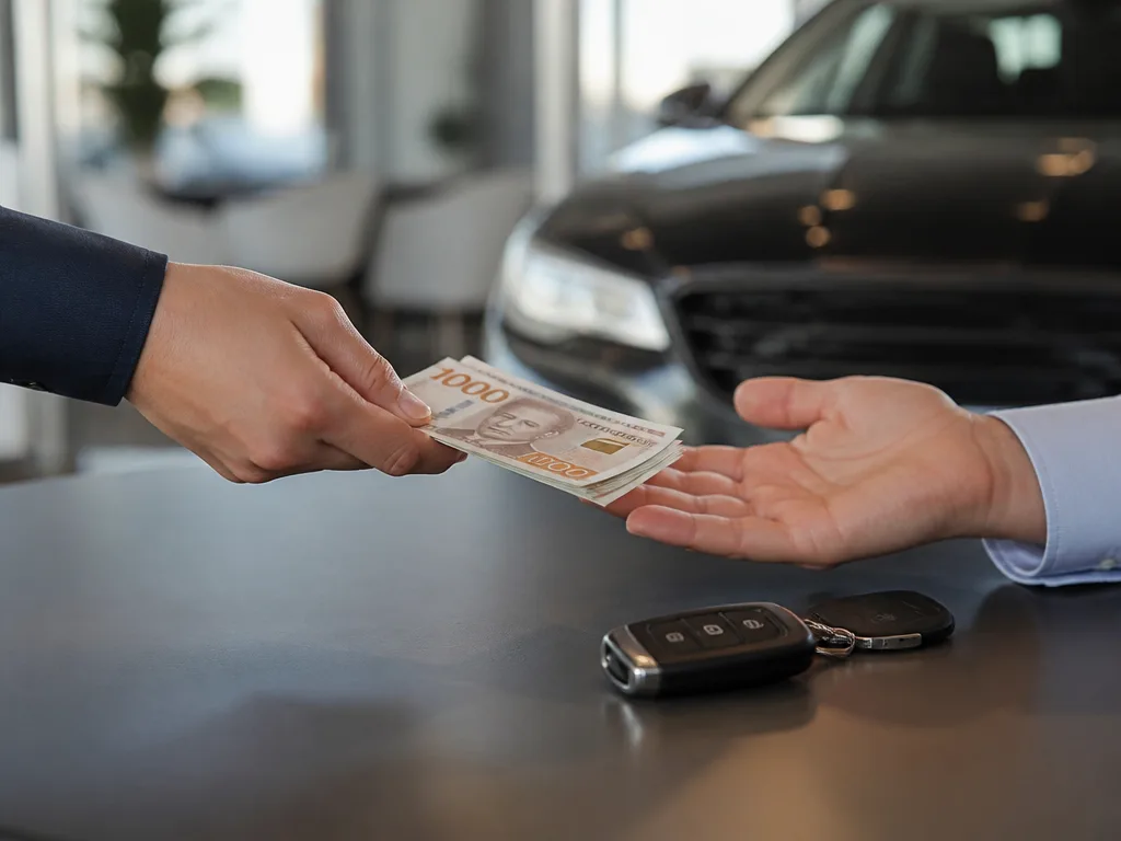 Hand som räcker över en bunt sedlar bredvid bilnycklar på ett skrivbord hos en bilhandlare