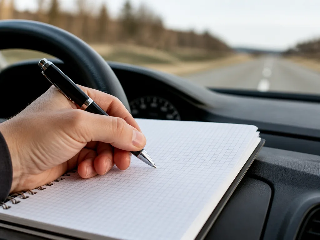 Person som skriver körjournal med sträcka och datum på bilens instrumentbräda