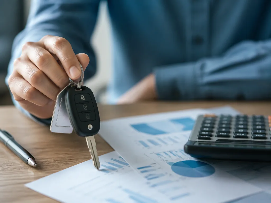 Hand som håller bilnycklar bredvid en miniräknare och finansiella dokument på ett skrivbord