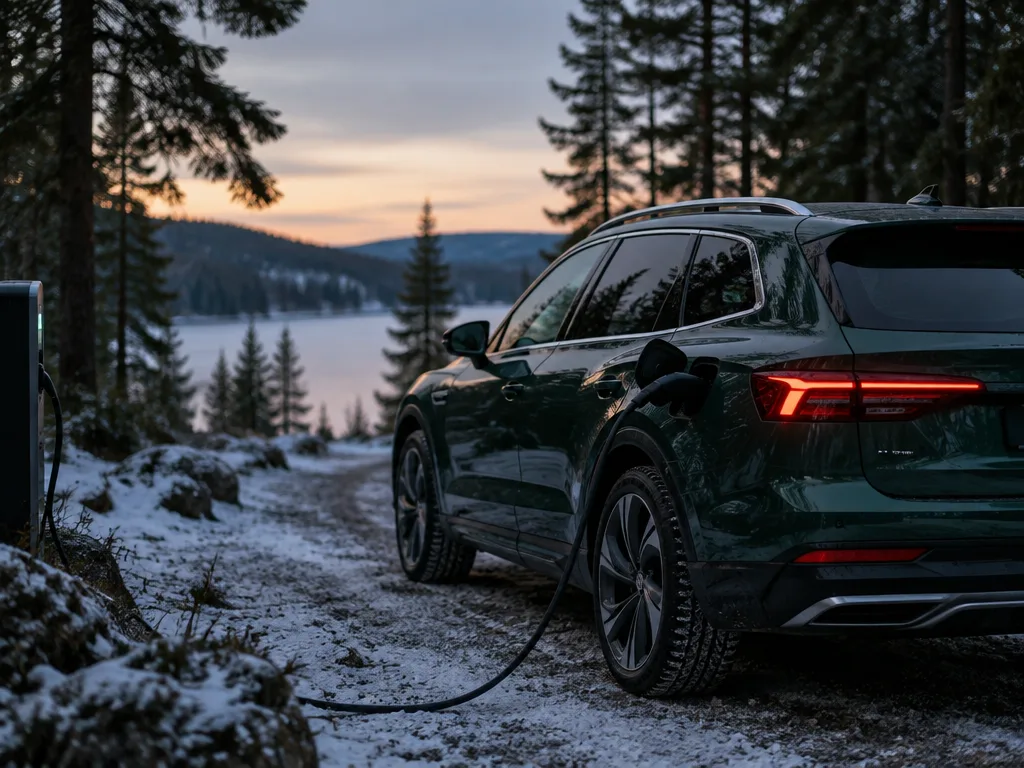 Mörkgrön elektrisk kombisuv som laddas vid en laddstolpe på en snöig grusväg i en svensk skog i skymningen