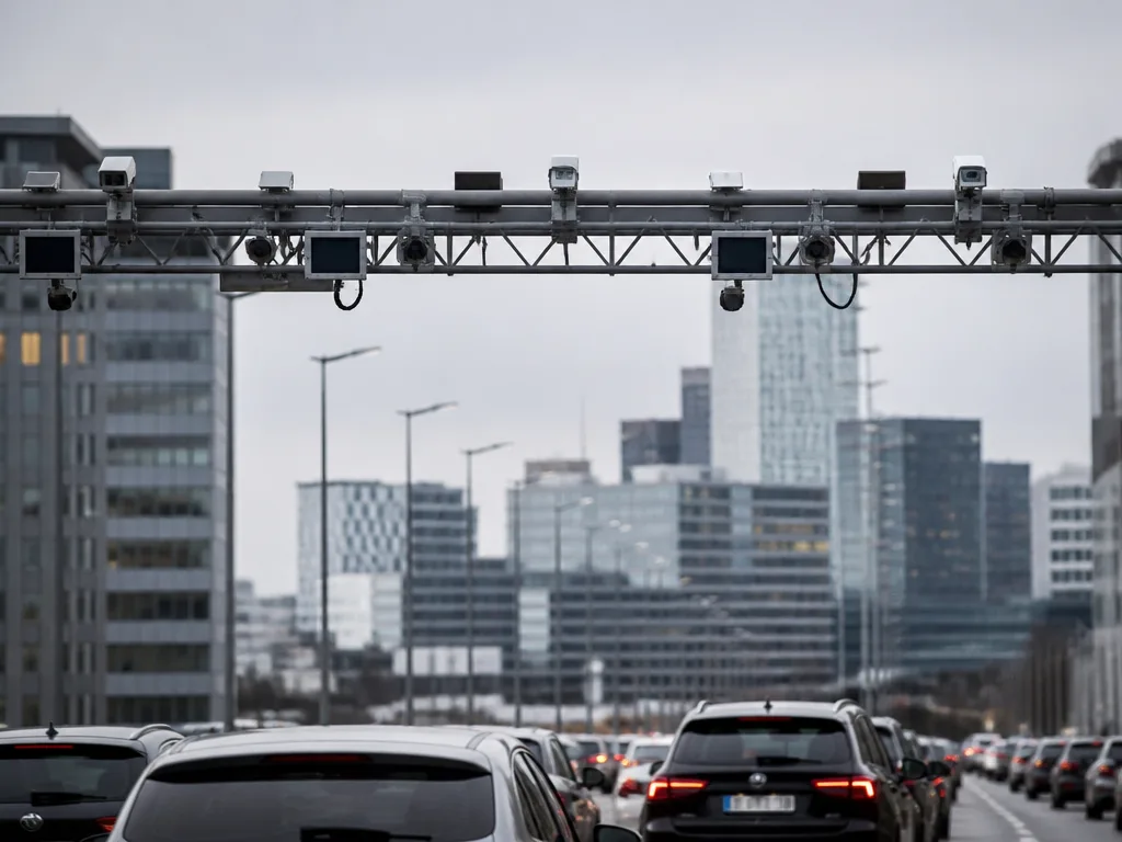 Betalstation för trängselskatt över en stadsgata med bilar i rusningstrafik