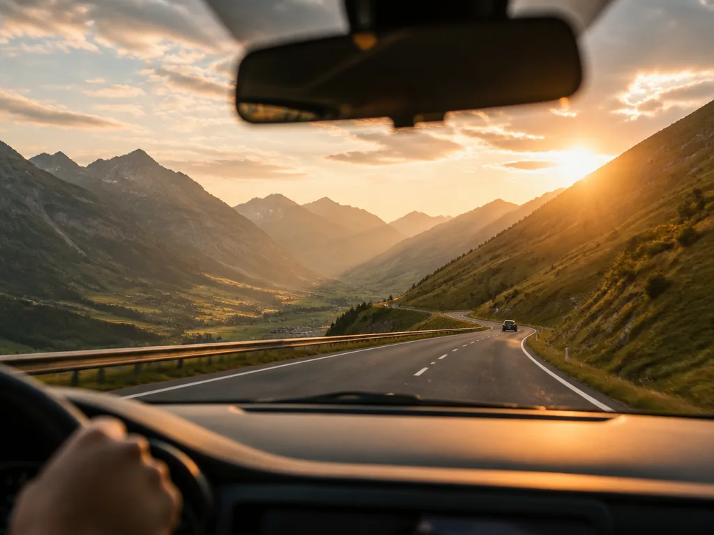 Alpmotorväg i Österrike sedd genom vindrutan på en personbil i gyllene kvällsljus