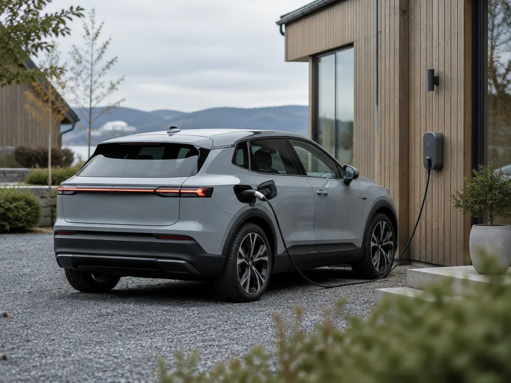 Ljusgrå elektrisk suv som laddas från en laddbox på husväggen vid ett trähus en mulen dag